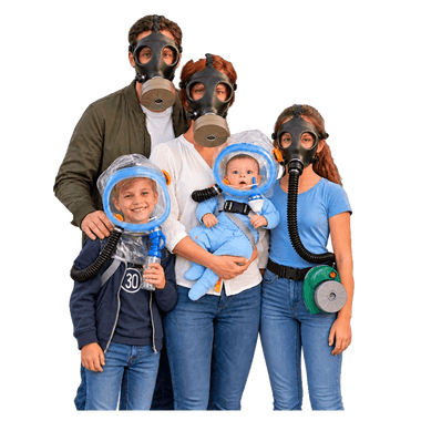 Familiepakke med gasmasker til 5 – 2 voksne, teenager, barn og baby + 5 gratis civilforsvarsfiltre