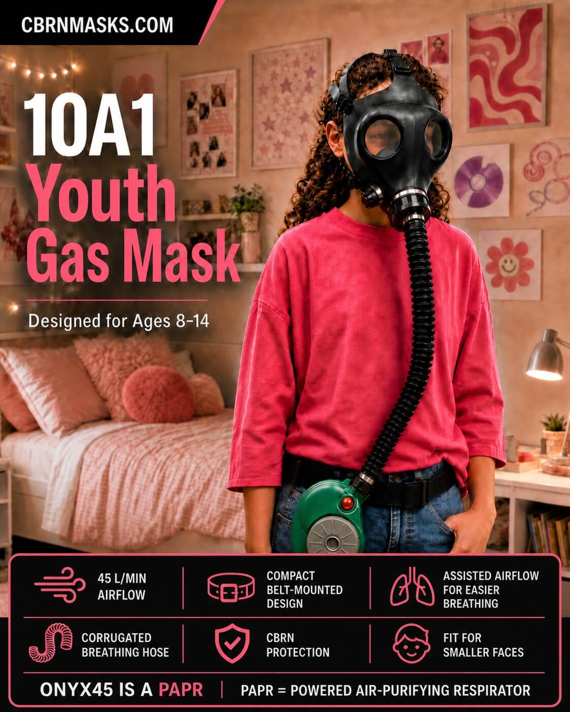 Girl wearing Israeli 10A1 youth CBRN gas mask with ONYX 45 PAPR kit - NBC protection ages 8-14