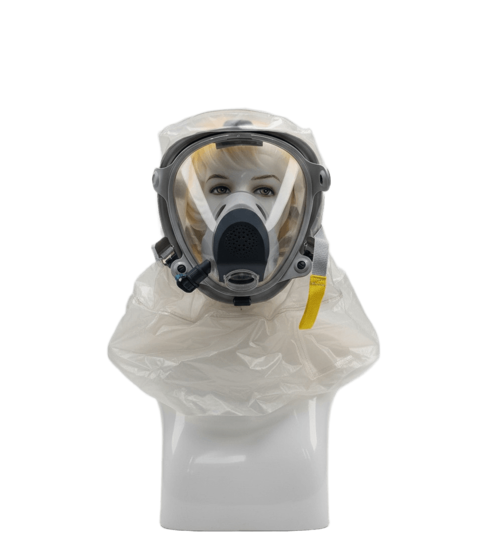 Israeli Sapphire CBRN PAPR hood on display, head - full face and head coverage shown, beard-compatible NBC respirator