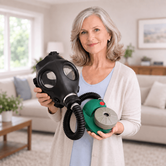 Older woman holding an Israeli 4A1 full-face CBRN gas mask with ONYX 45 PAPR blower and 40mm filter.