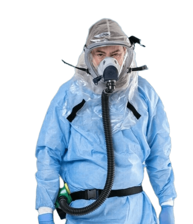 Person wearing a blue protective suit with a cbrnmasks.com gas mask on a white background