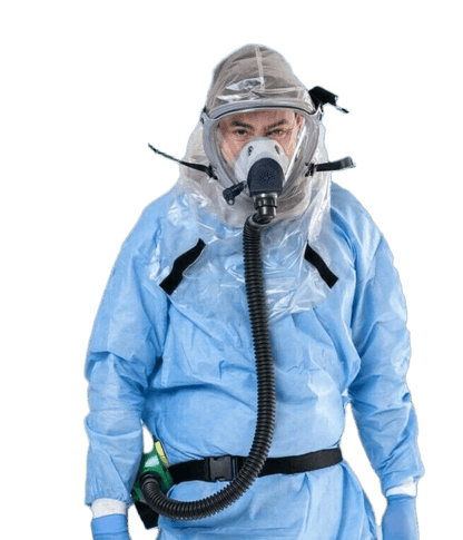 Person wearing a blue protective suit with a cbrnmasks.com gas mask on a white background