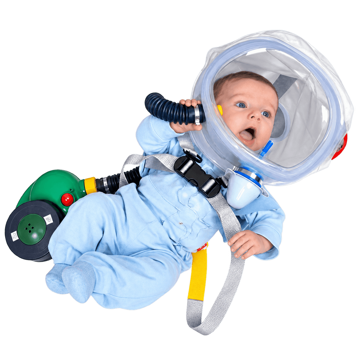 Infant wearing a transparent CBRN PAPR escape hood with blower, hose and filter