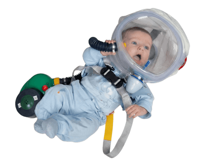 Infant wearing full CBRN PAPR escape hood kit - transparent hood, blower, harness and 40mm NATO NBC filter for babies
