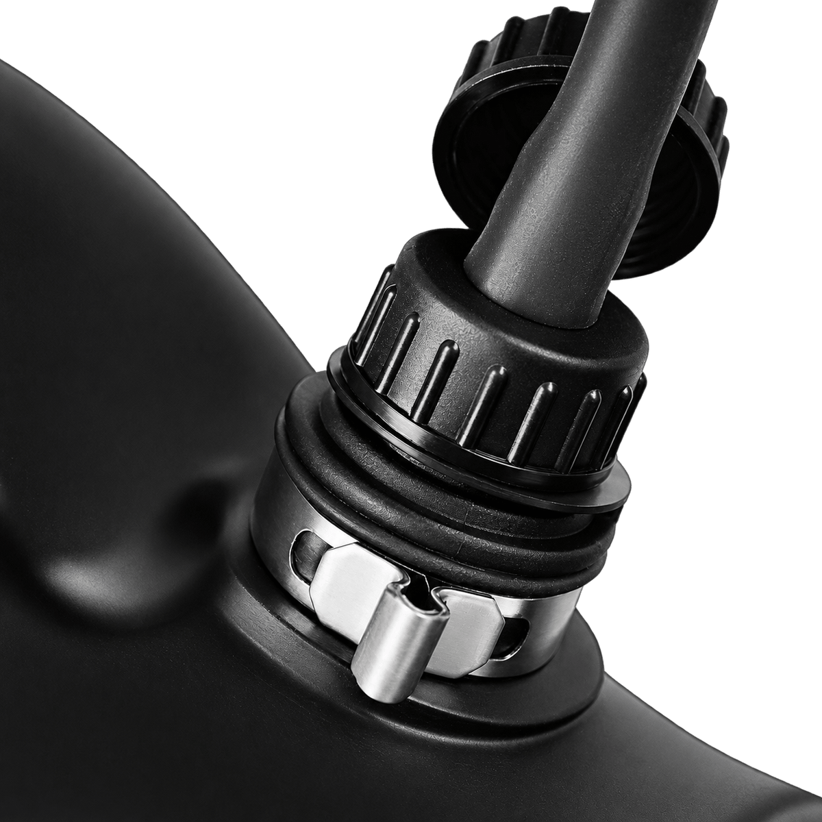 Close-up of a black CBRN PAPR hood breathing-hose connection secured with a threaded fitting and metal clamp.