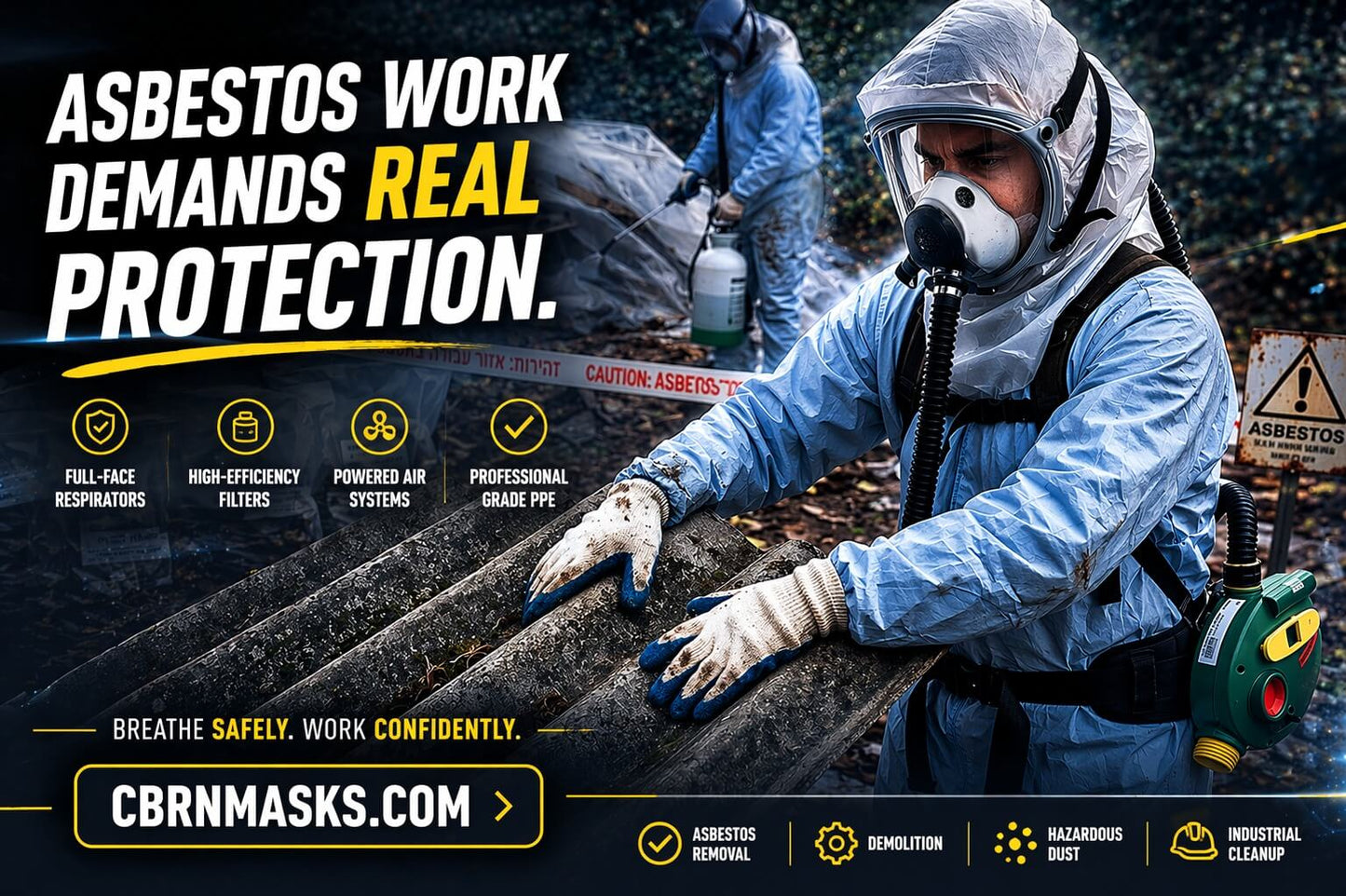 Breathe safely, work confidently - worker in blue hazmat suit with ONYX 45 PAPR blower belt-mounted, full-face respirator for asbestos removal and demolition
