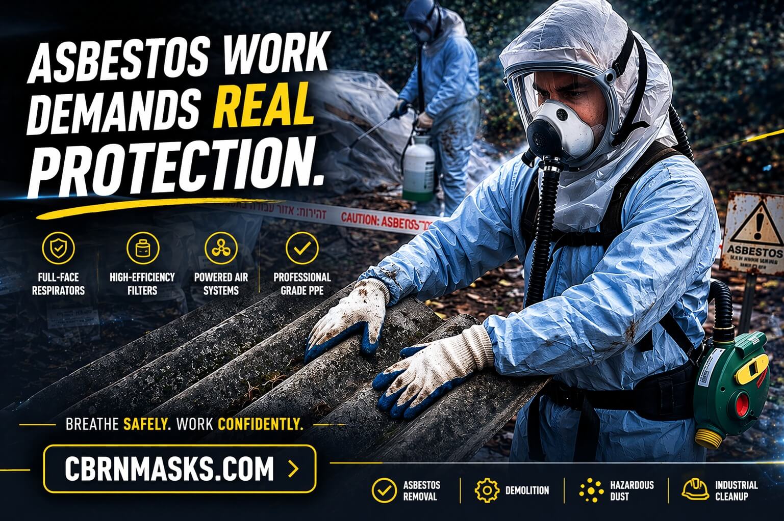 Breathe safely, work confidently - worker in blue hazmat suit with ONYX 45 PAPR blower belt-mounted, full-face respirator for asbestos removal and demolition
