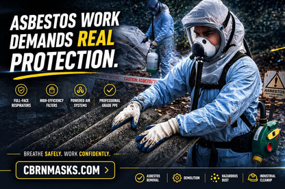 Breathe safely, work confidently - worker in blue hazmat suit with ONYX 45 PAPR blower belt-mounted, full-face respirator for asbestos removal and demolition
