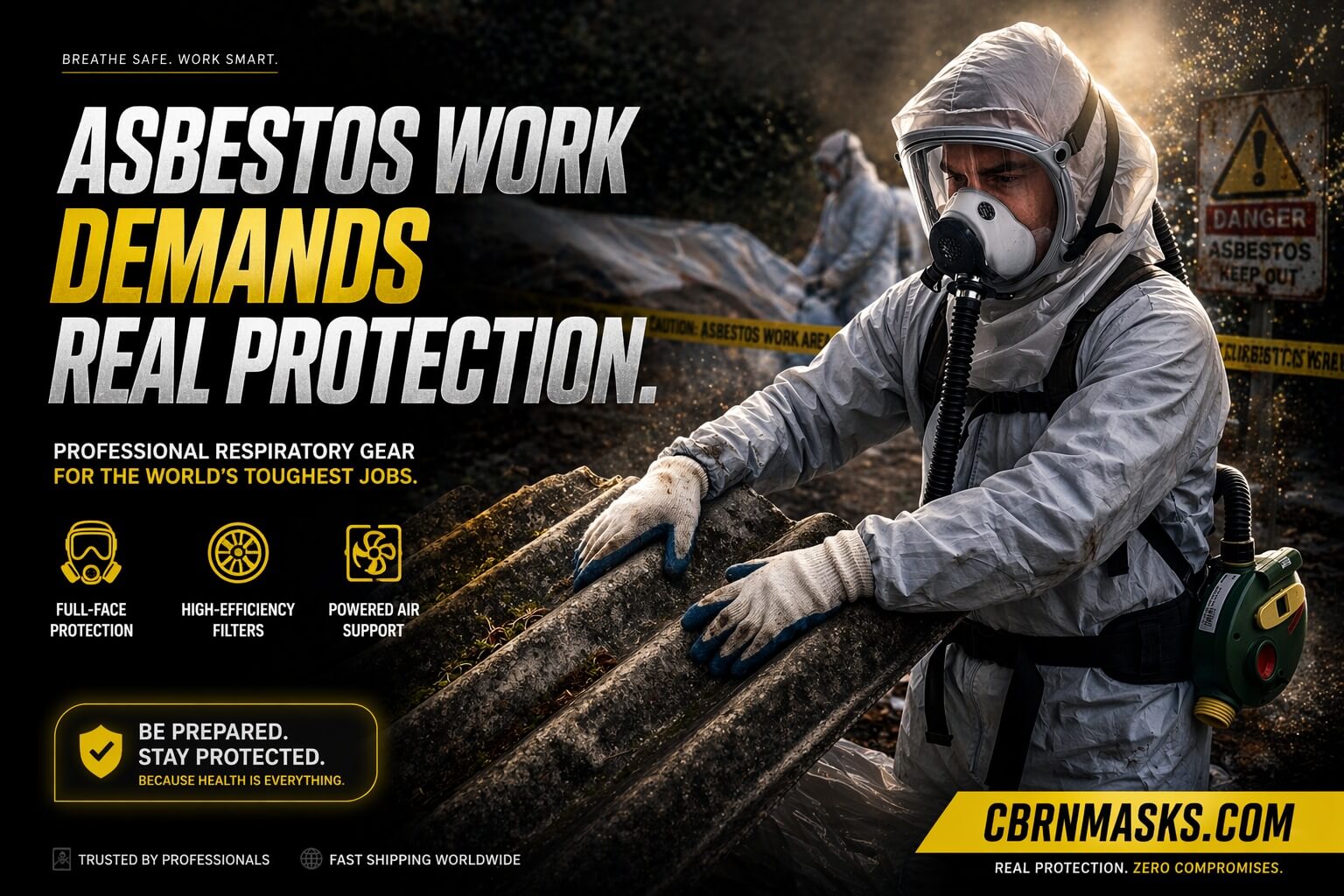 Asbestos work demands real protection - worker in hazmat suit with full-face PAPR respirator and ONYX 45 blower, asbestos danger warning sign visible
