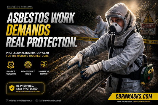 Asbestos work demands real protection - worker in hazmat suit with full-face PAPR respirator and ONYX 45 blower, asbestos danger warning sign visible
