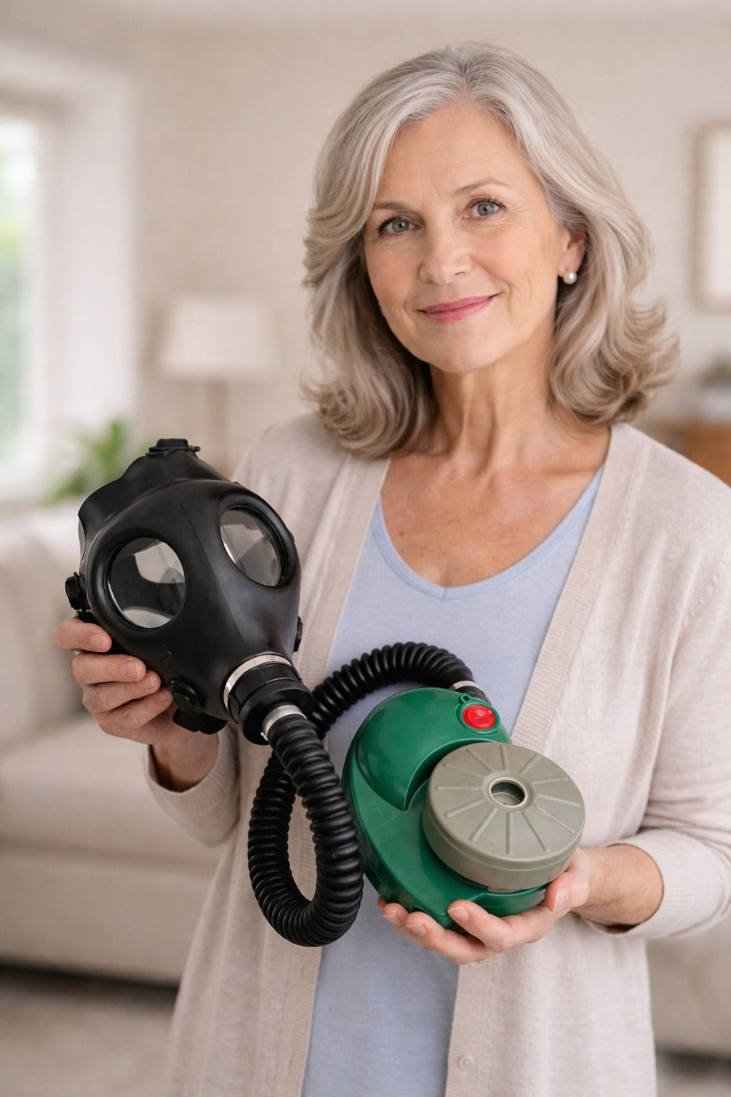Comfort breathing CBRN kit - woman holding 4A1 gas mask with ONYX 45 PAPR blower and 40mm NATO NBC filter