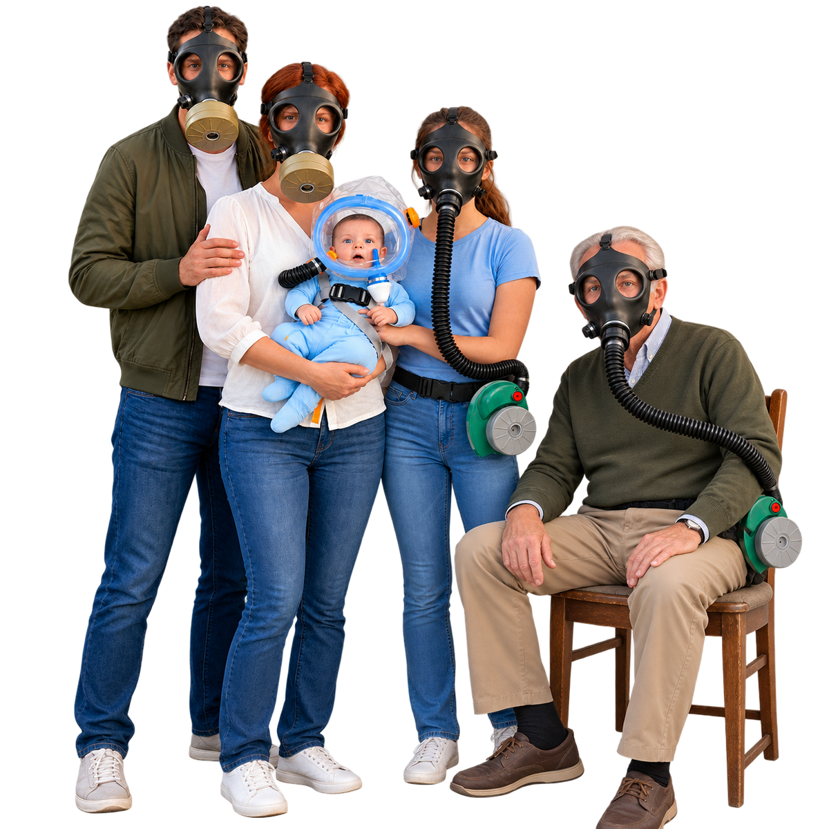 Family of five with two adults wearing 4A1 gas masks, youth with 10A1 ONYX 45 PAPR, baby in MultiPro hood, and seated senior with 4A1 ONYX 45 PAPR