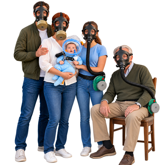 Family of five with two adults wearing 4A1 gas masks, youth with 10A1 ONYX 45 PAPR, baby in MultiPro hood, and seated senior with 4A1 ONYX 45 PAPR