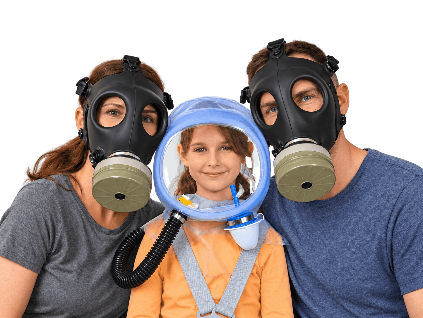 Family wearing CBRN protection with two adults in full-face gas masks and a child in a powered protective hood
