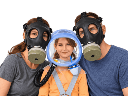 Family wearing CBRN protection with two adults in full-face gas masks and a child in a powered protective hood