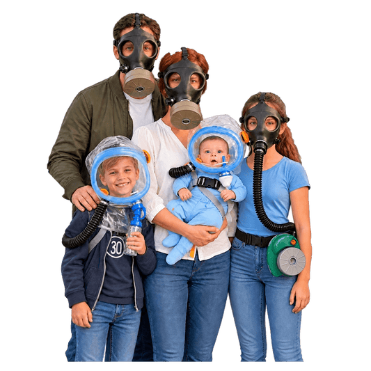 Family of five: two adults in Israeli 4A1 masks, an older child in 10A1 PAPR gas mask, a younger child in Quartz powered-air hood and a baby in MultiPro infant powered-air hood