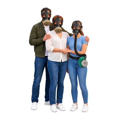 Two adults wearing Israeli 4A1 gas masks with a teenage child wearing the 10A1 mask and ONYX 45 powered-air blower, family bundle for three