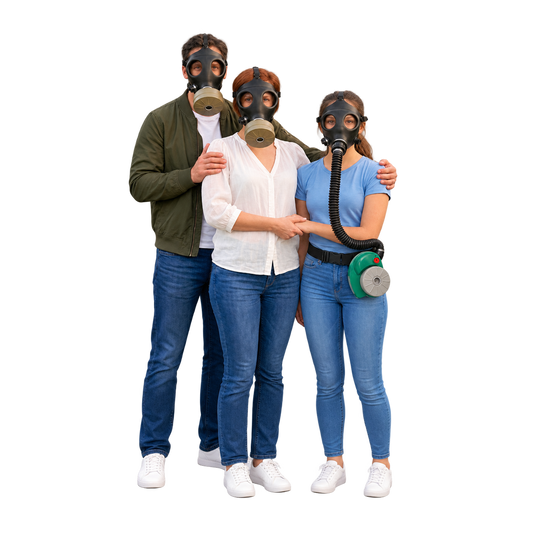 Two adults wearing Israeli 4A1 gas masks with a teenage child wearing the 10A1 mask and ONYX 45 powered-air blower, family bundle for three