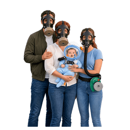 Family gas mask bundle for four: two adult 4A1 masks, one youth 10A1 with ONYX 45 PAPR and one MultiPro baby hood; includes four extra M80 filters