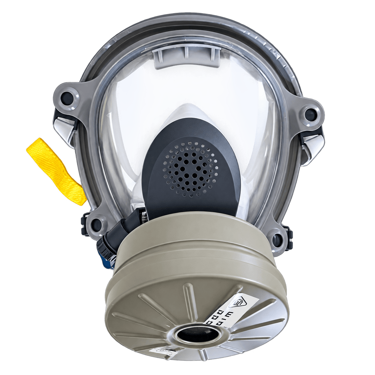 Front view of a full-face CBRN gas mask fitted with an M80 40mm filter.
