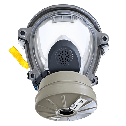 Front view of a full-face CBRN gas mask fitted with an M80 40mm filter.