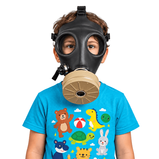 Child wearing an Israeli 10A1 youth full-face CBRN gas mask with an M80 40mm filter