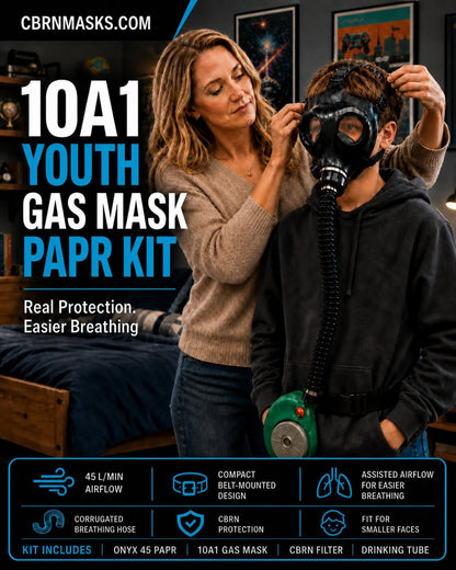 Mother fitting an Israeli 10A1 youth CBRN gas mask on a boy - ONYX 45 PAPR blower and hose visible, ages 8-14