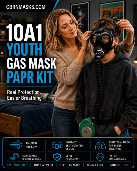 Mother fitting an Israeli 10A1 youth CBRN gas mask on a boy - ONYX 45 PAPR blower and hose visible, ages 8-14