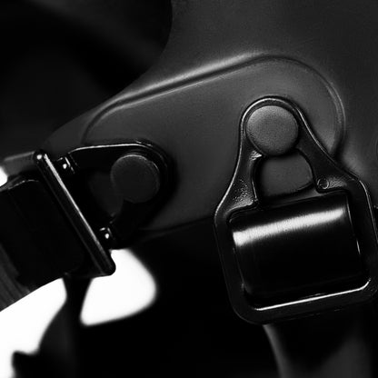 Israeli CBRN children's gas mask adjustable strap clasp close-up - back of mask, secure fit for ages 8-14
