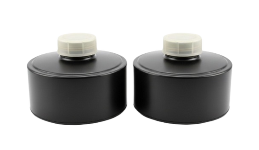 Israeli Civil Defense 40 mm NATO NBC filter 2-pack side view - easy breathing, factory-sealed, CBRN-rated