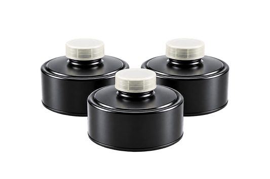 Israeli Civil Defense 40 mm NATO NBC filter 3-pack side view - easy breathing, lightweight polymer, factory-sealed