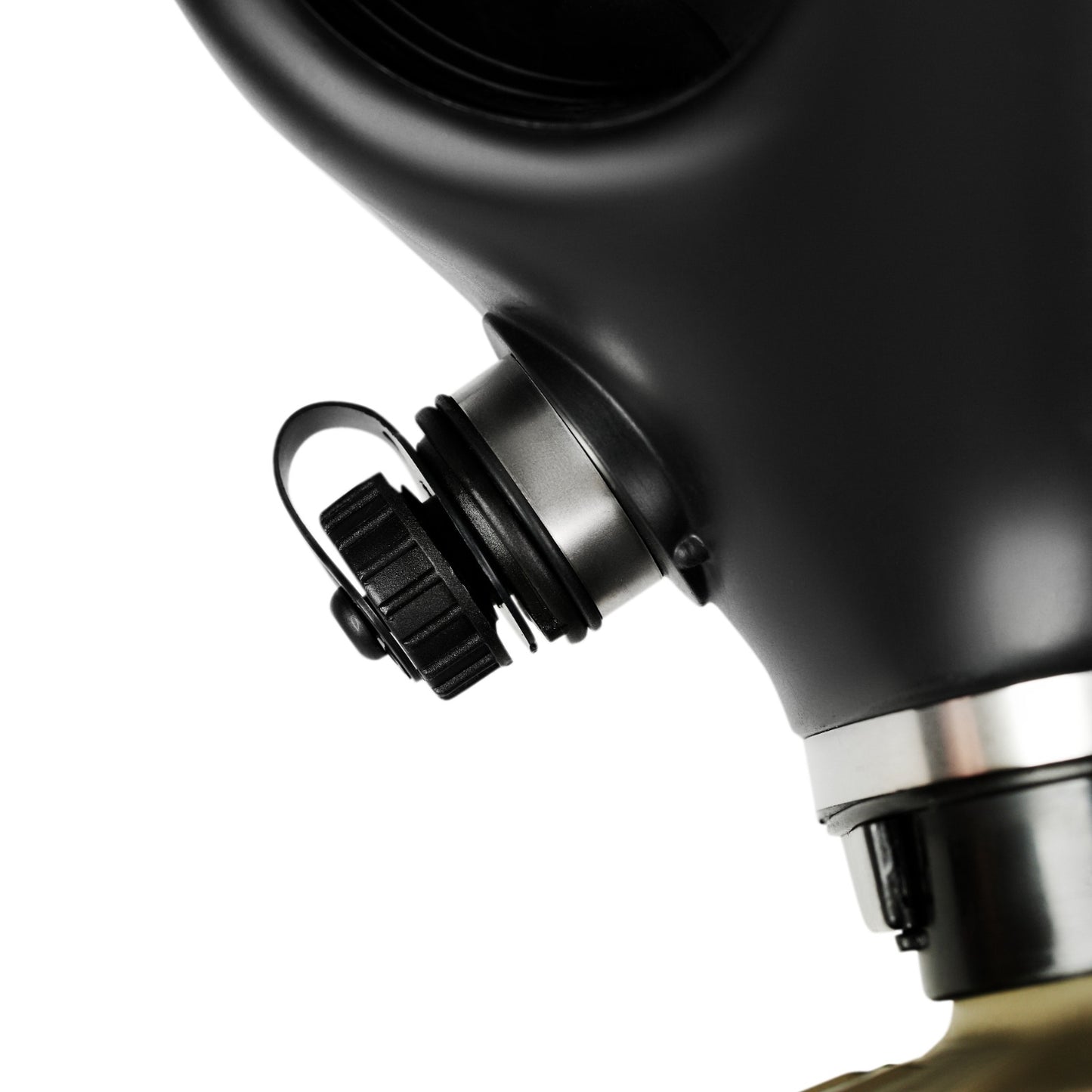 Israeli gas mask drinking tube port closed - sealed cap without tube attached - side connection view