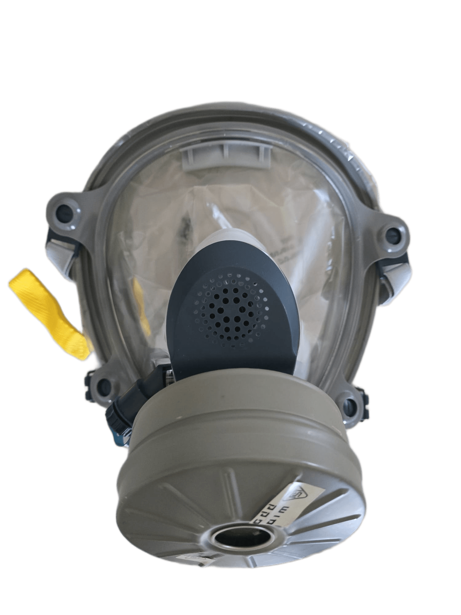 Israeli Sapphire CBRN hood  gas mask with M80 40mm NATO NBC filter attached - front view, riot control respirator kit
