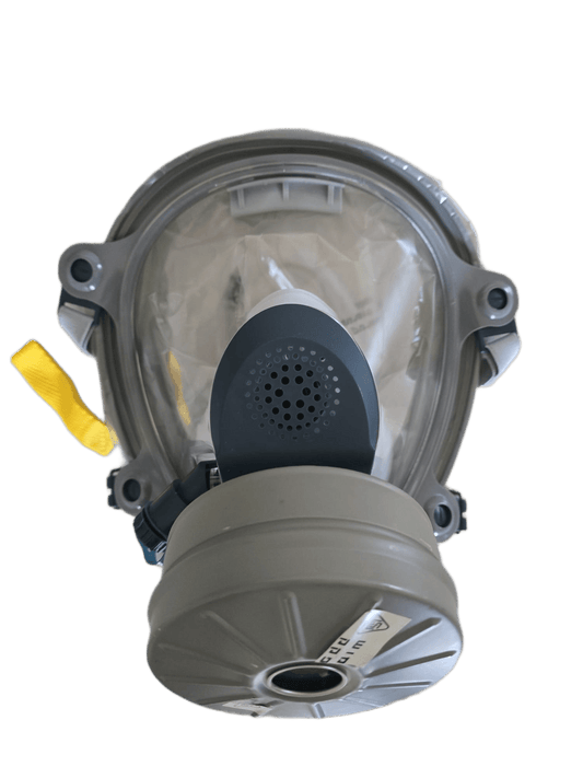 Israeli Sapphire CBRN hood  gas mask with M80 40mm NATO NBC filter attached - front view, riot control respirator kit
