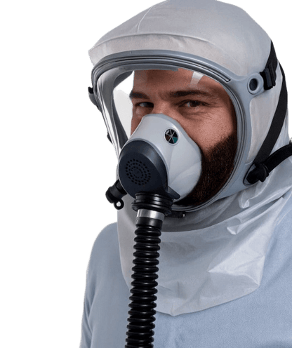 Bearded man wearing Israeli Sapphire CBRN PAPR hood - 40mm NATO hose connected, NBC protection without face seal
