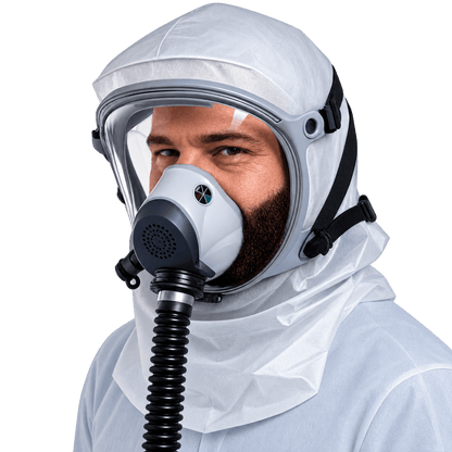 Bearded man wearing Israeli Sapphire CBRN PAPR hood - 40mm NATO hose connected, NBC protection without face seal