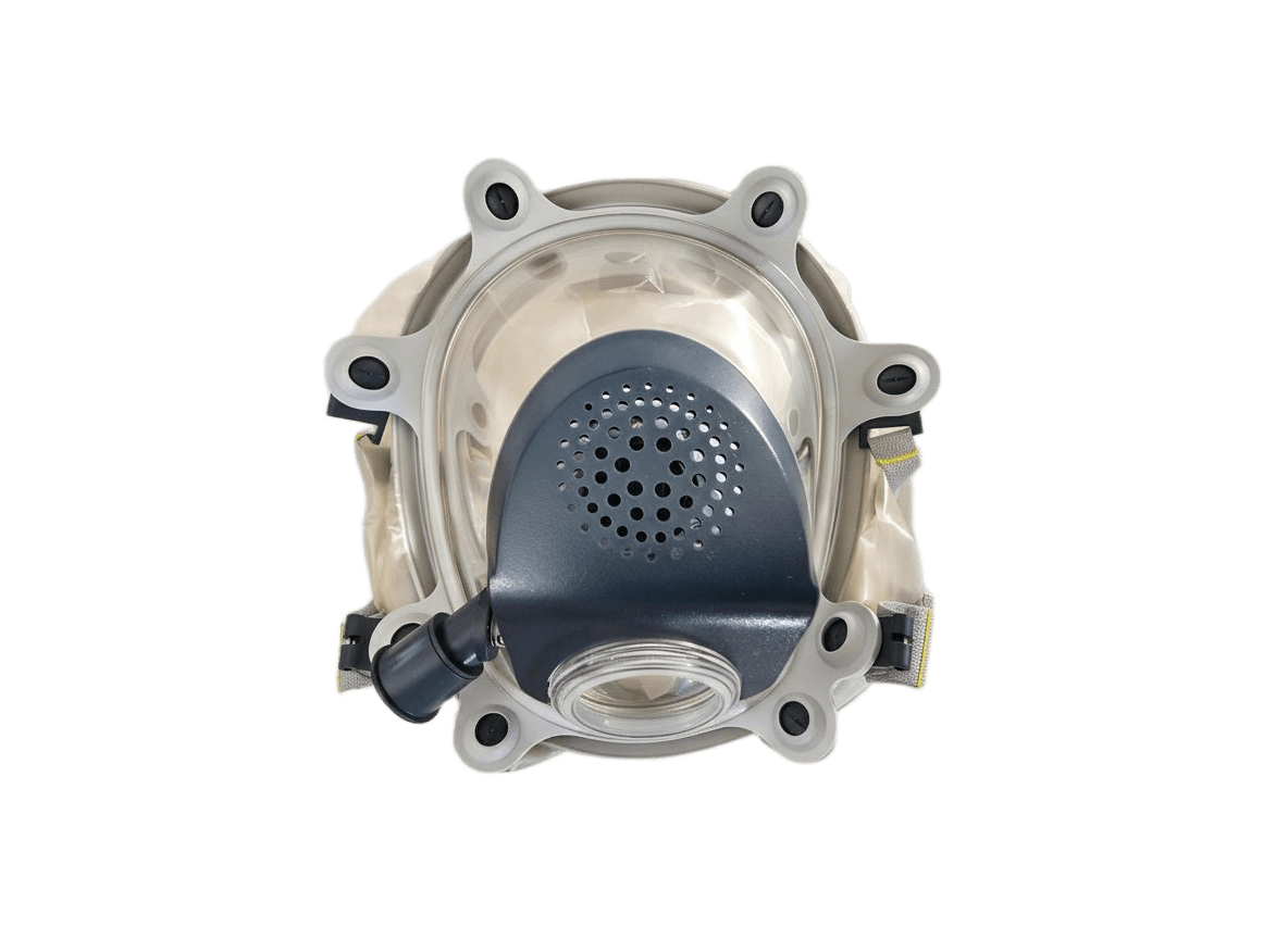 Israeli Sapphire CBRN PAPR hood front view - drinking tube connector visible, full head coverage