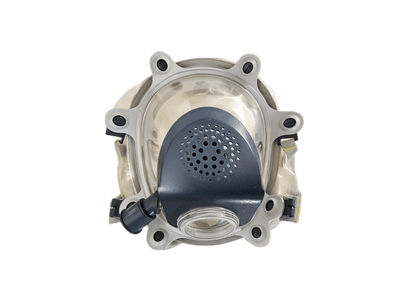 Israeli Sapphire CBRN PAPR hood front view - drinking tube connector visible, full head coverage