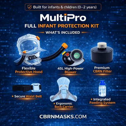 MultiPro infant and Baby CBRN protection kit for ages 0–2 with protective hood, powered blower, CBRN filter, carrier and feeding system.