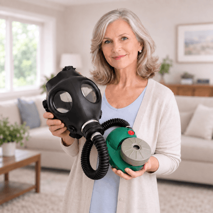 Older woman holding an Israeli 4A1 full-face CBRN gas mask with ONYX 45 PAPR blower and 40mm filter.