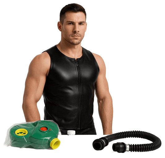 Man in black leather holding ONYX 45 aroma blower with hose - gas mask fetish and BDSM kink scene
