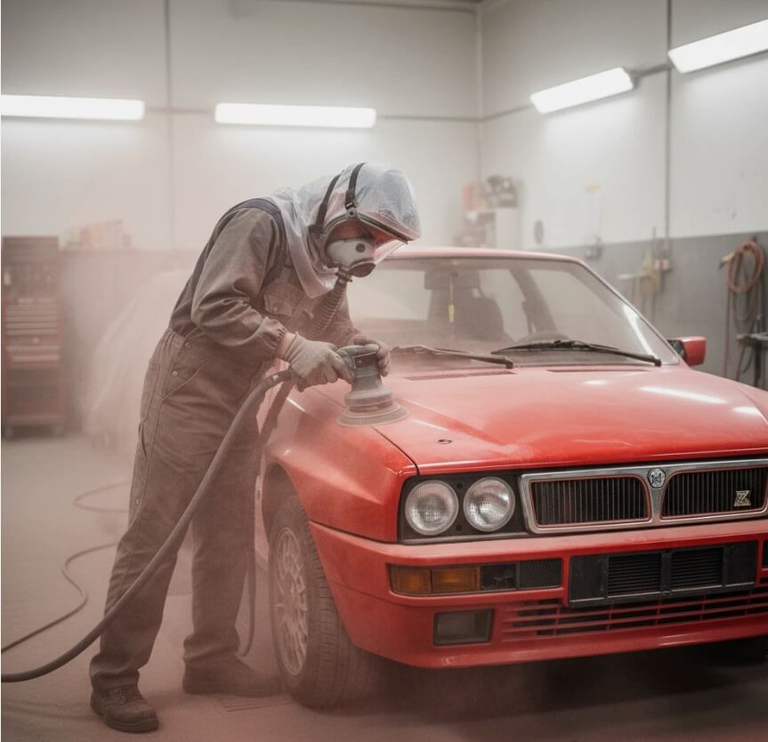 Pro-Paint 2K PAPR kit in use - ONYX 45 blower belt-mounted, Sapphire hood worn during automotive spray painting

