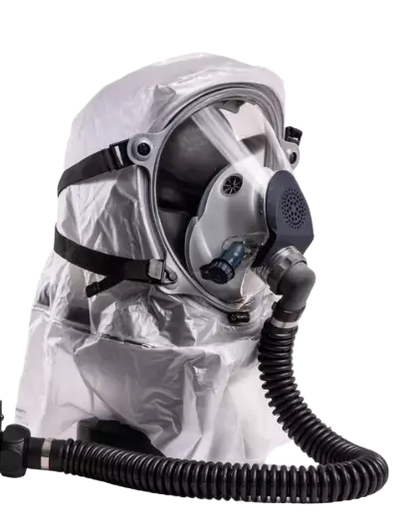 A full face hood with a powered air-purifying respirator, including a visor, neck straps, and a drinking tube