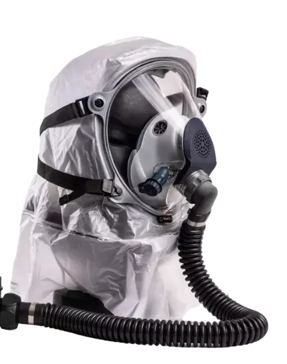 A full face hood with a powered air-purifying respirator, including a visor, neck straps, and a drinking tube