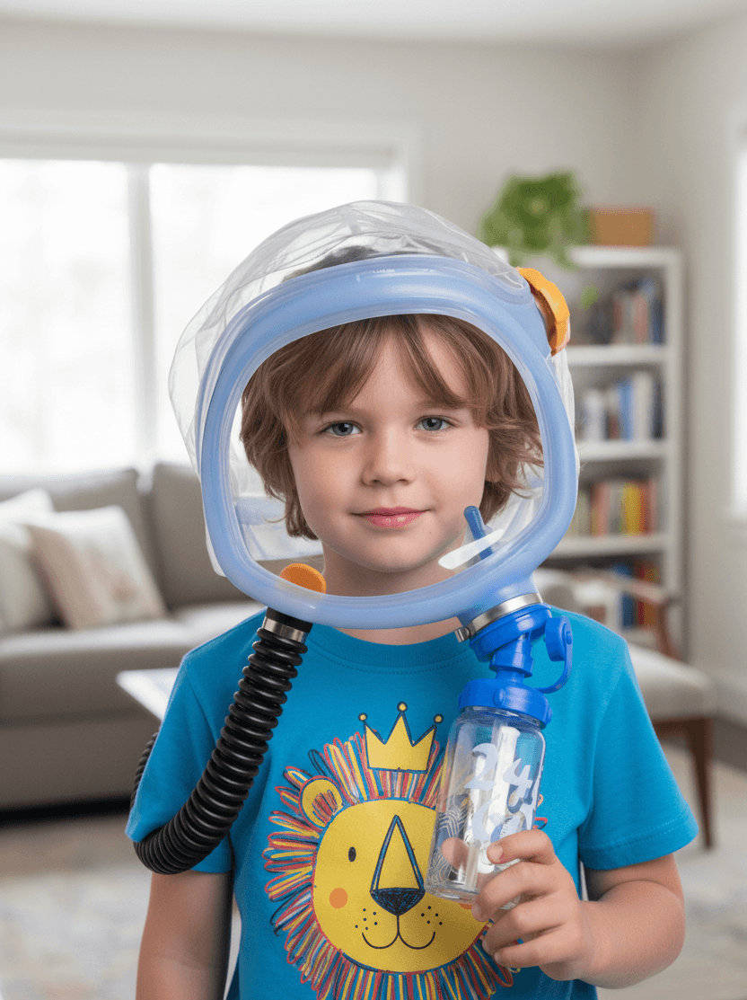 Child wearing Supergum Quartz CBRN PAPR hood in living room - NBC respirator for toddlers ages 3-8