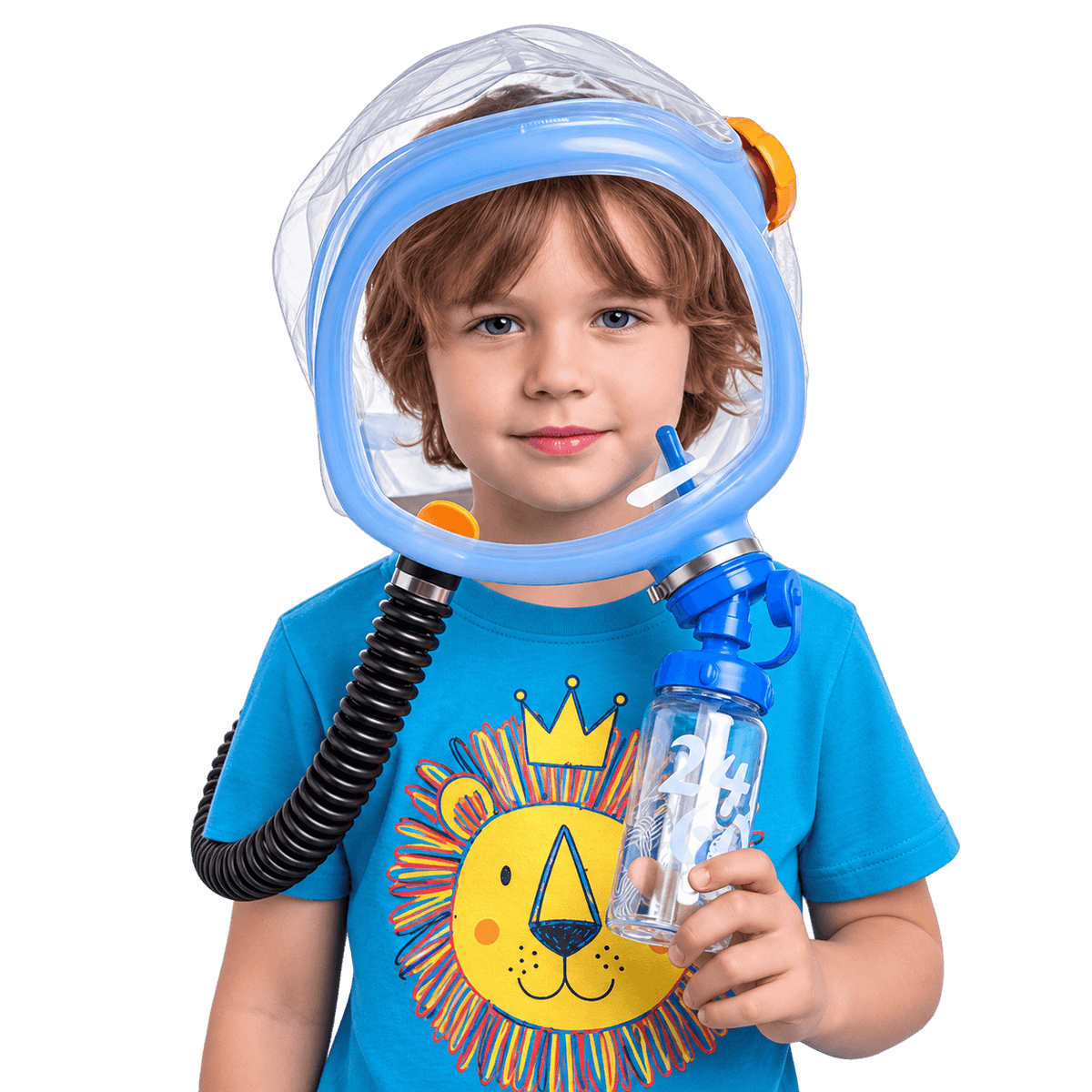 Child wearing Supergum Quartz CBRN PAPR hood in living room - NBC respirator for toddlers ages 3-8