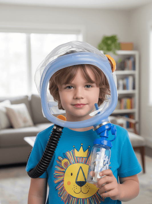 Child wearing Supergum Quartz CBRN PAPR hood in living room - NBC respirator for toddlers ages 3-8