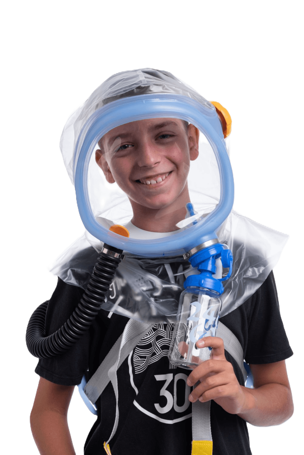 Child wearing Supergum Quartz CBRN PAPR respirator hood - full kit on white background