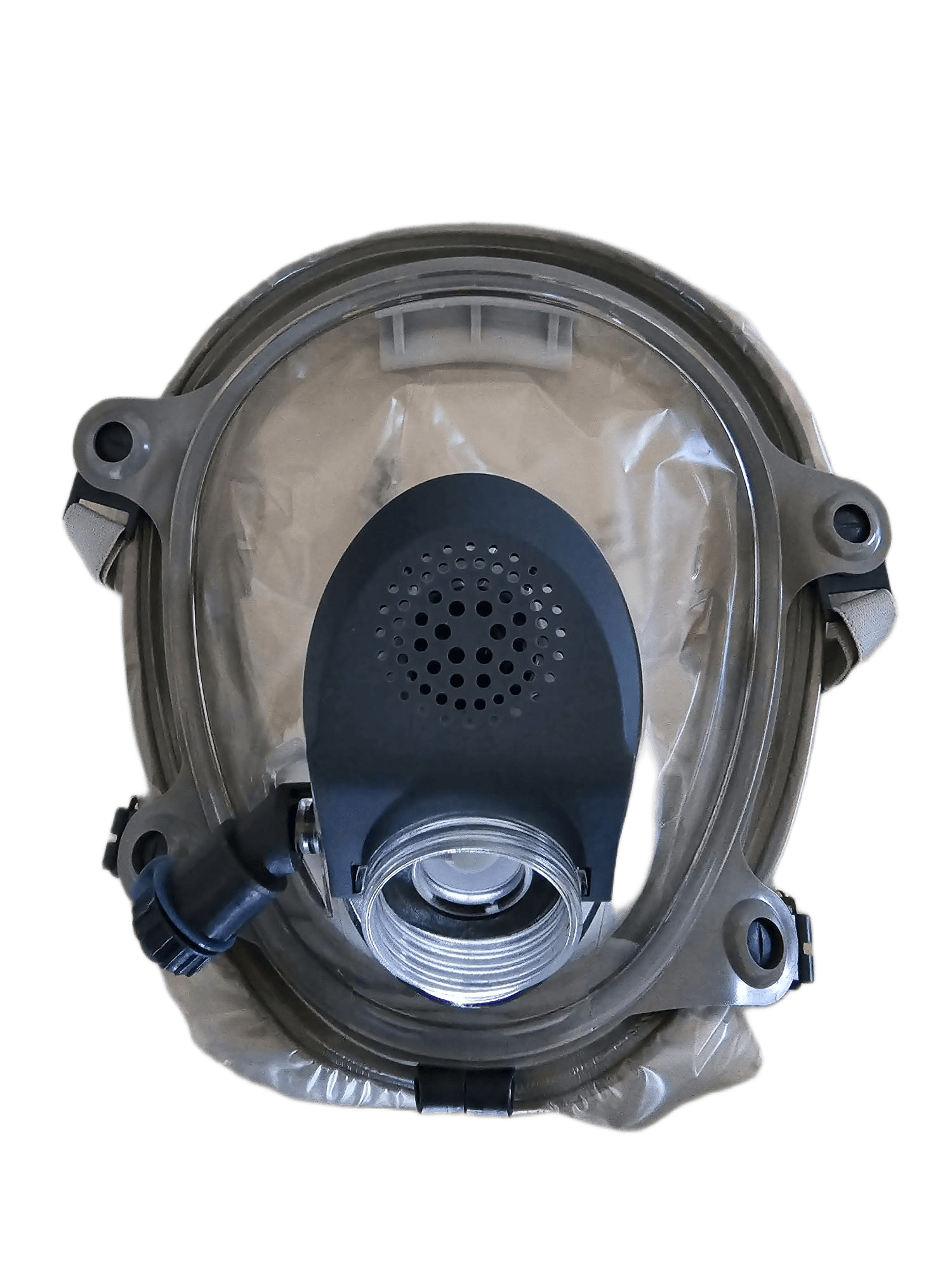 Supergum Sapphire CBRN hood close-up - 40mm NATO thread and closed drinking tube connector visible, no filter attached
