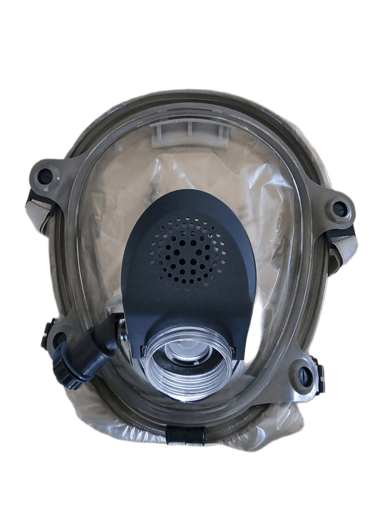Supergum Sapphire CBRN hood close-up - 40mm NATO thread and closed drinking tube connector visible, no filter attached
